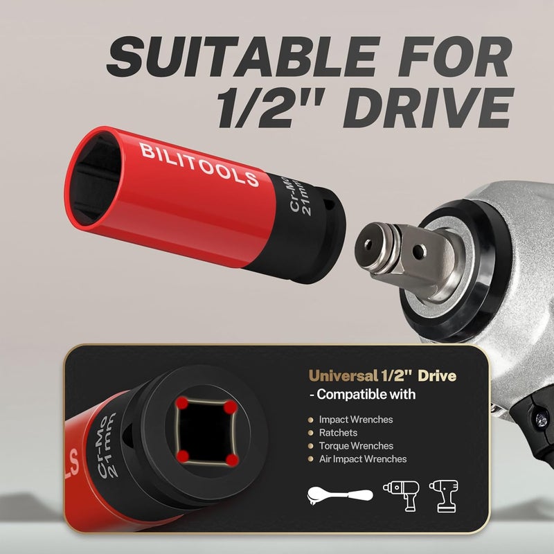 BILITOOLS 1/2 inch Drive Impact Lug Nut Socket Set, 15 17 19 21 22 MM Non-Marring Thin Wall Wheel Protector Nut Socket - Image 4